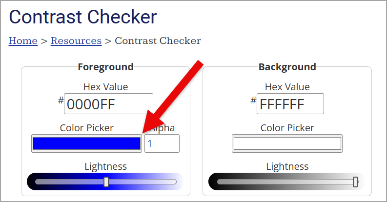 webaim's color contrast checker, showing the foreground and background colors