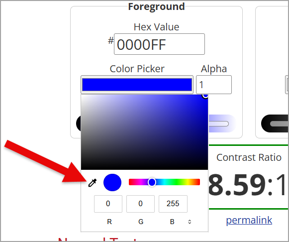webaim's color contrast checker, showing the foreground color picker