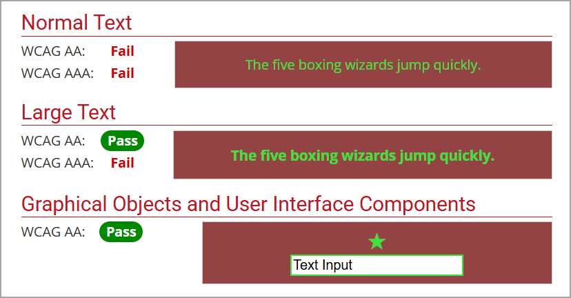 webaim's color contrast checker, showing the normal text, large text, and graphical objects and user interface components sections