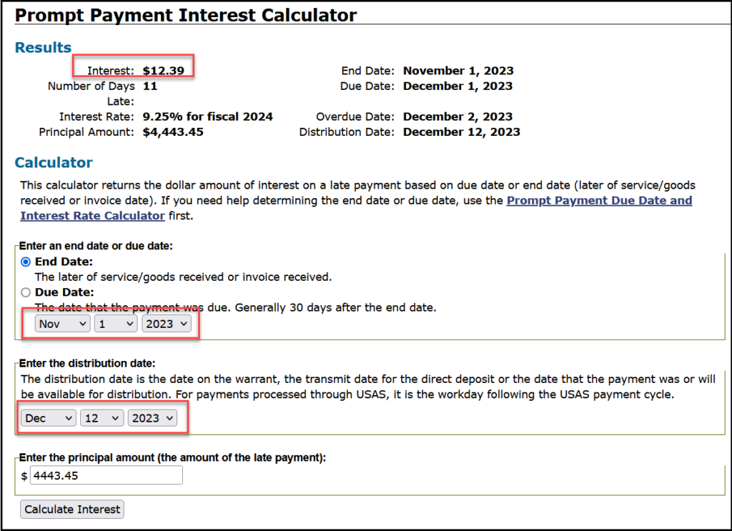 Screen capture of the Prompt Payment Interest Calculator on the Texas State Comptroller website with Interest, End Date, and Distribution Date highlighted