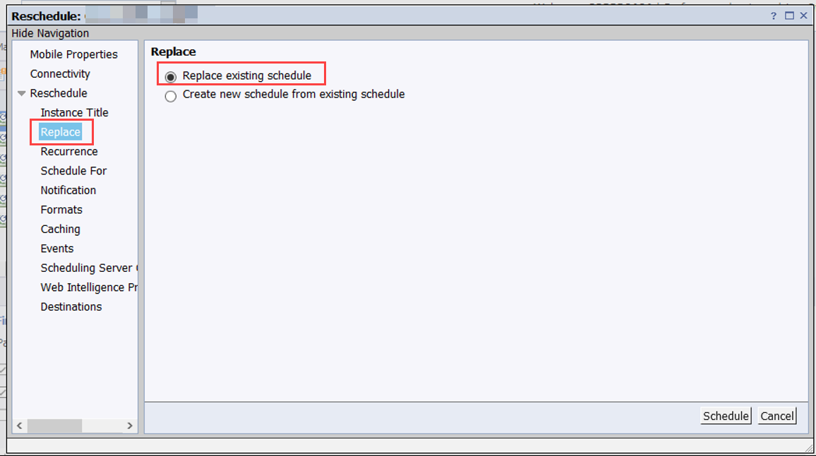 Reschedule window with "Replace existing schedule" option selected