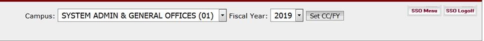 Screenshot from SSO showing campus drop down and fiscal year drop down