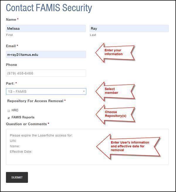 screenshot of web form for contacting FAMIS security