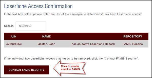 screenshot of LaserFiche documentation webpage showing the button for contacting FAMIS security