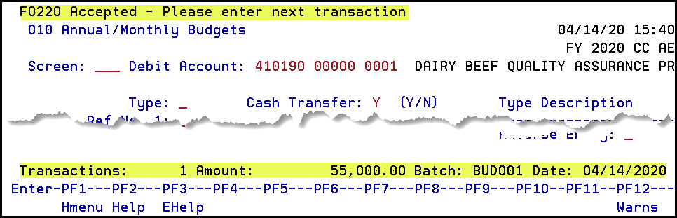 Screen 010 F0220 Transaction accepted