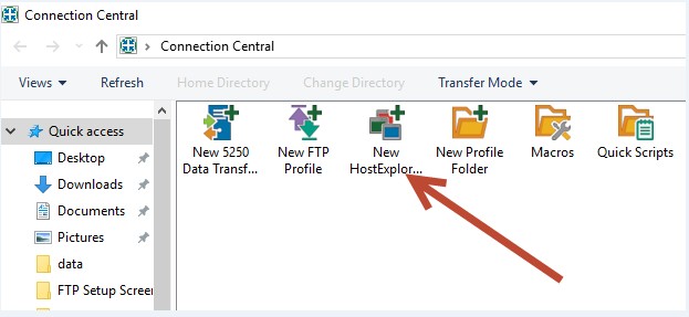 Screen capture of Connection Central profile window with New HostExplorer Profile icon highlighted