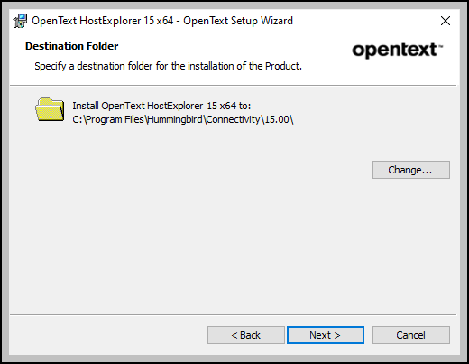 Screen capture of OpenText HostExplorer installation destination folder