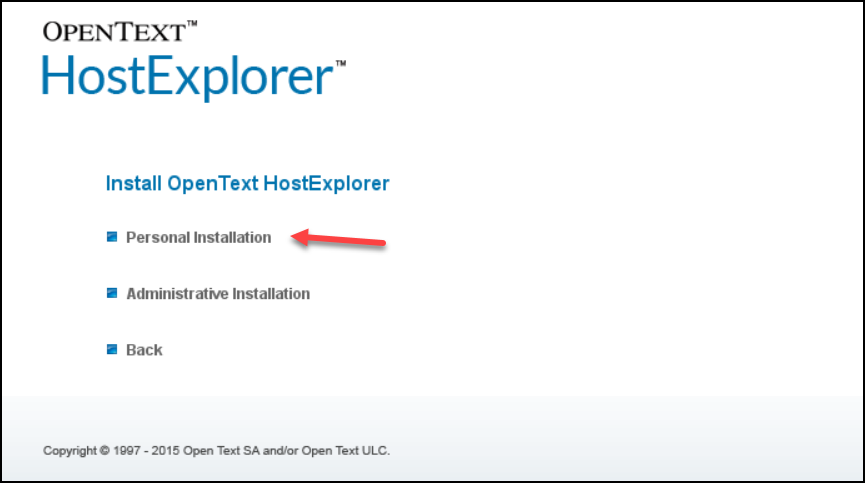 Screen capture of OpenText HostExplorer installation window with Personal Installation option highlighted