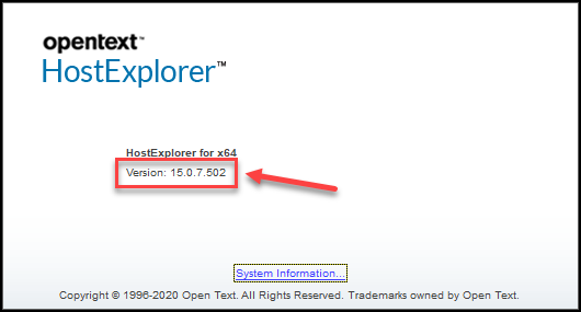 Screen capture of OpenText HostExplorer About window with version number highlighted