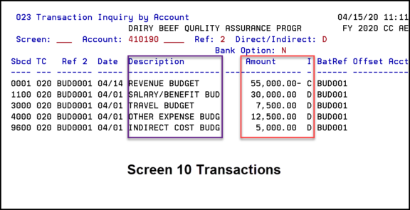 Screen 023 Transaction Query by Account from Screen 010