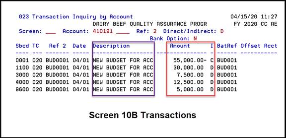 Screen 023 Transaction Query by Account from Screen 010