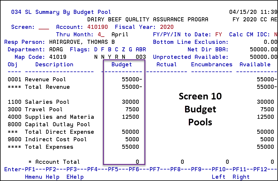 Screen 034 SL Summary By Budget Pool from Screen 010