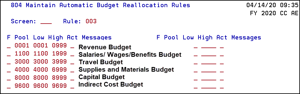 Screen 804 Maintain Automatic Budget Reallocation Rules