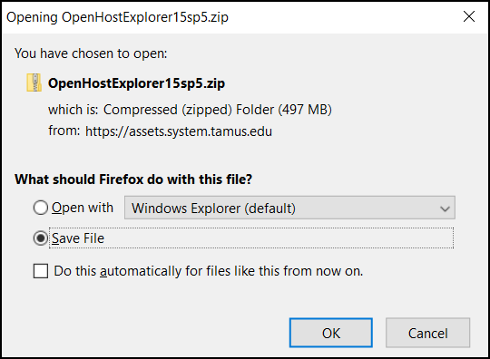 Screen capture of OpenText HostExplorer installation file download window with Save File option selected