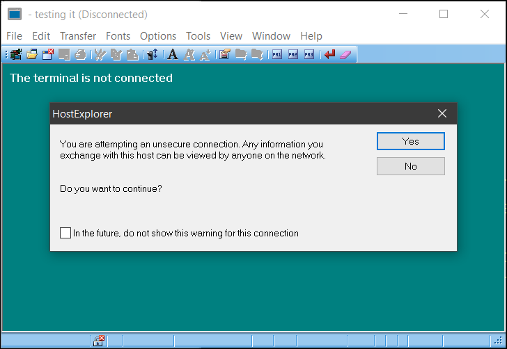 Screen capture of OpenText HostExplorer connection failure message