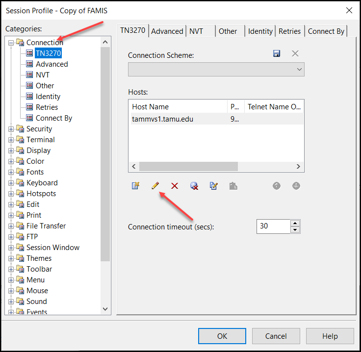 Screen capture of connection profile session properties with Connection section and edit button highlighted