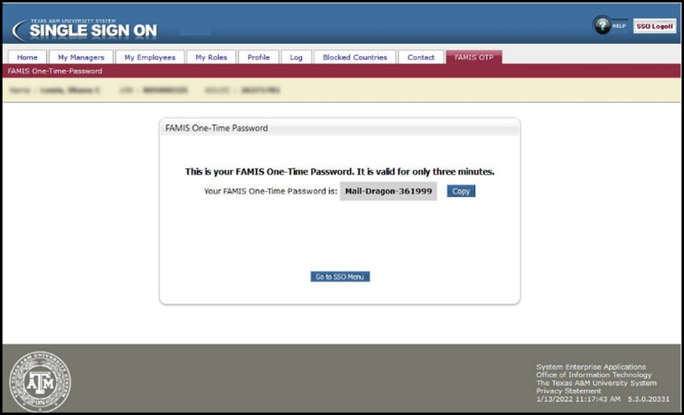 Screen capture of the Single Sign On FAMIS one-time password window