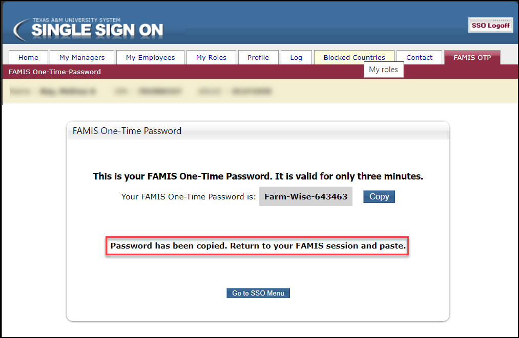 Screen capture of the Single Sign On FAMIS one-time password window with message indicating the password has been copied highlighted