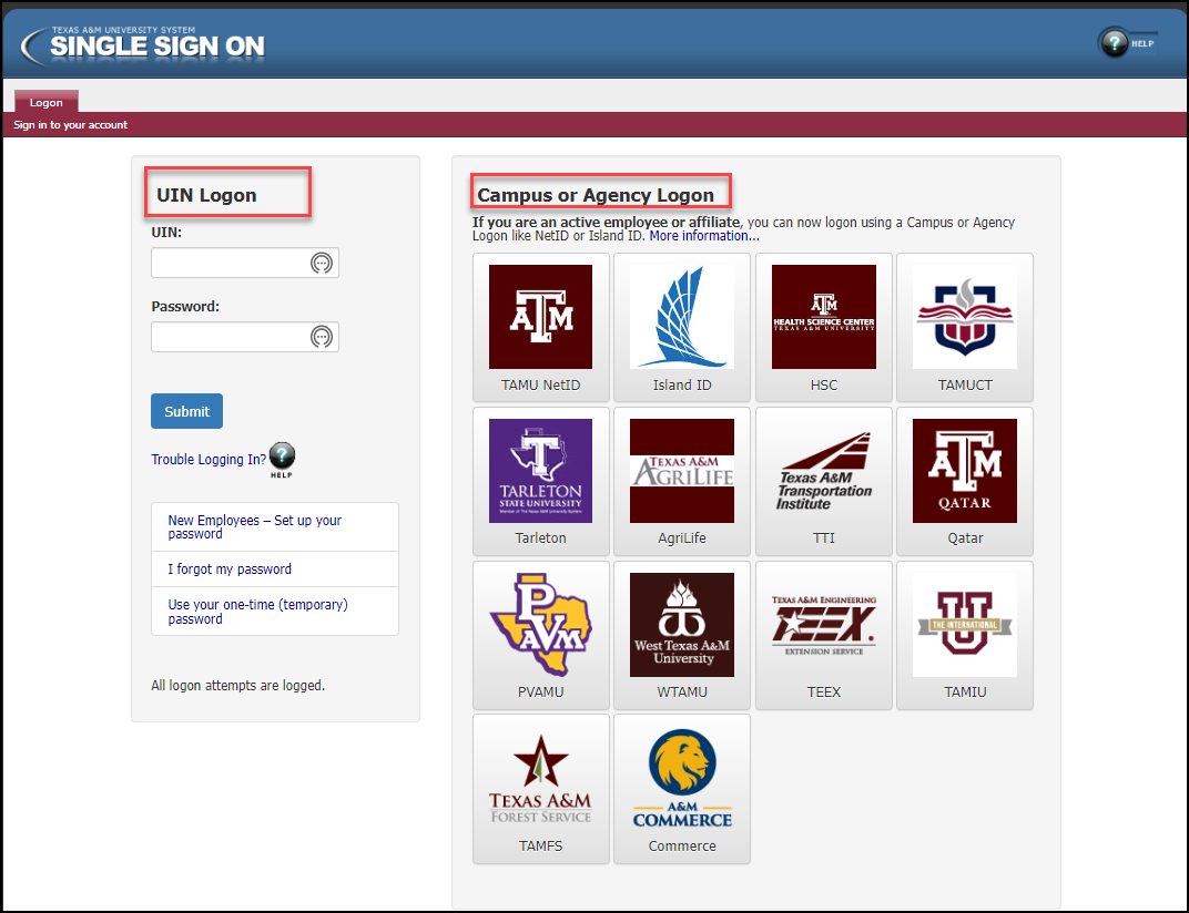 Screen capture of the Single Sign On UIN and campus or agency logon window