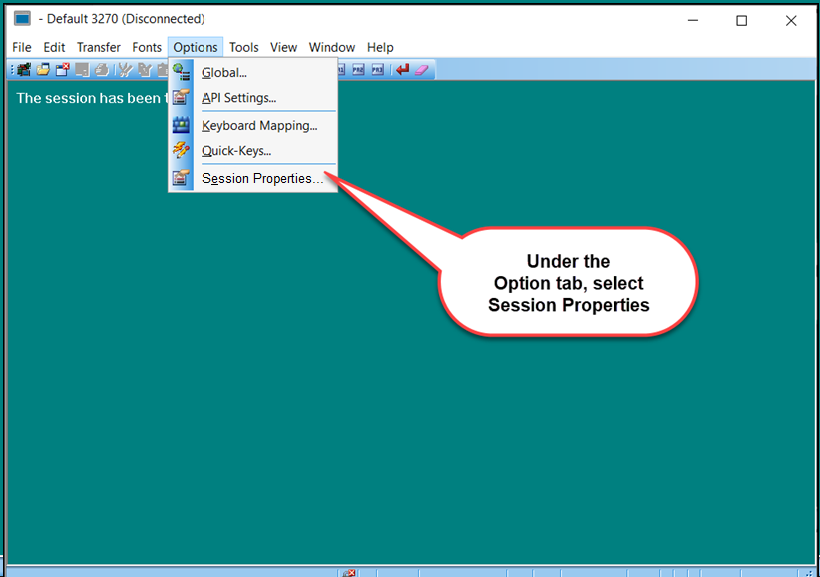 Screen capture of OpenText HostExplorer options menu with session properties highlighted
