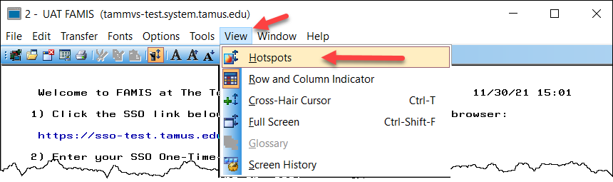 Screen capture of FAMIS session screen toolbar View tab with Hotspots option highlighted