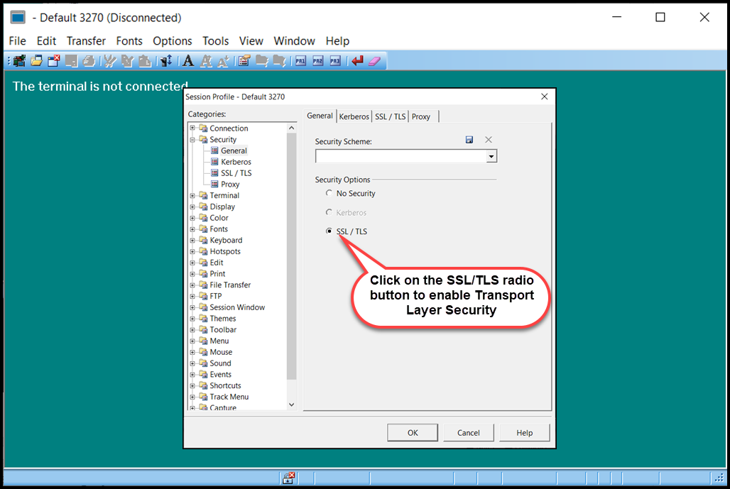 Screen capture of OpenText HostExplorer Session Security options with SSL/TSL selected