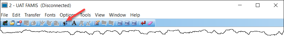 Screen shot of FAMIS session window toolbar with Toggle connection button highlighted