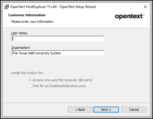 Screen capture of the OpenText HostExplorer installation customer information window
