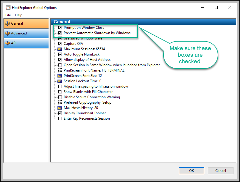 Screen capture of OpenText HostExplorer global options general section with Prompt on Window Close and Prevent Automatic Shutdown by Windows options highlighted