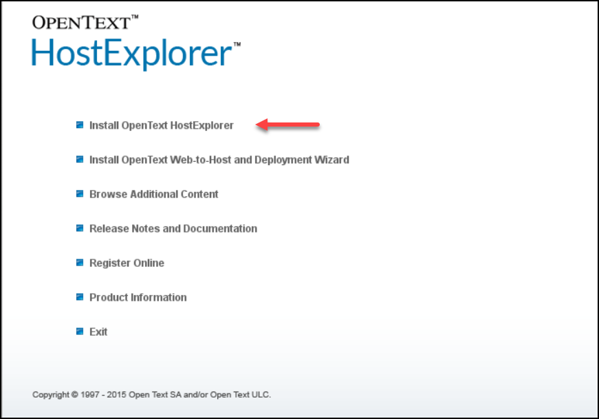 Screen capture of OpenText HostExplorer installation window with Install OpenText Host explorer option highlighted