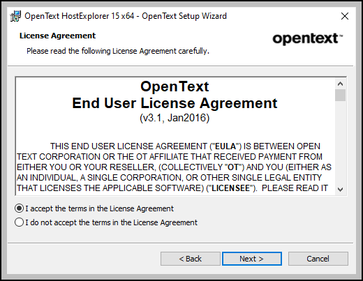 Screen capture of OpenText HostExplorer installation license agreement window