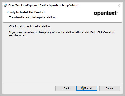 Screen capture of OpenText HostExplorer ready to install the product window