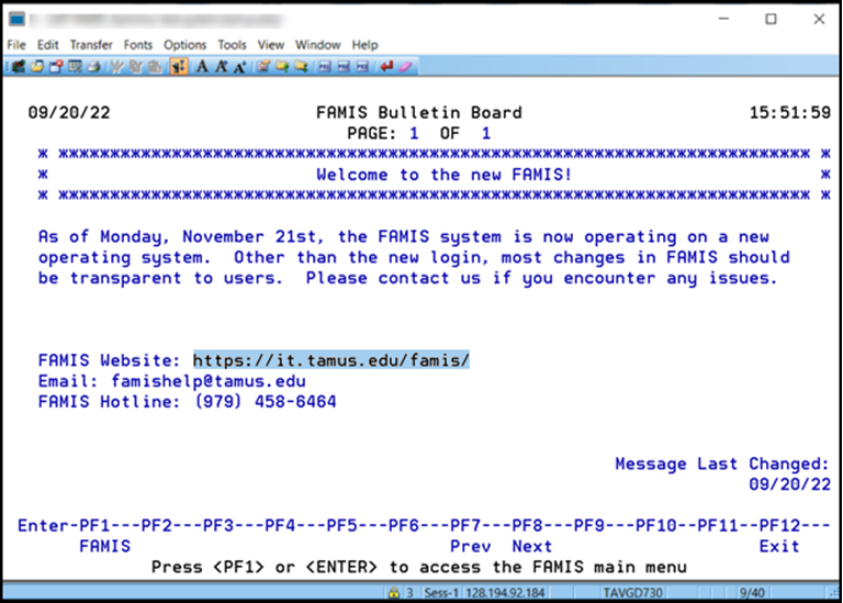 Screen capture of the FAMIS Bulletin Board screen