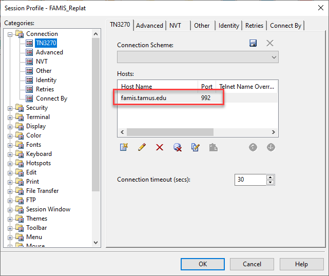 Screen capture of Session Profile window with host name and Port number highlighted in the Connection category TN3270 tab