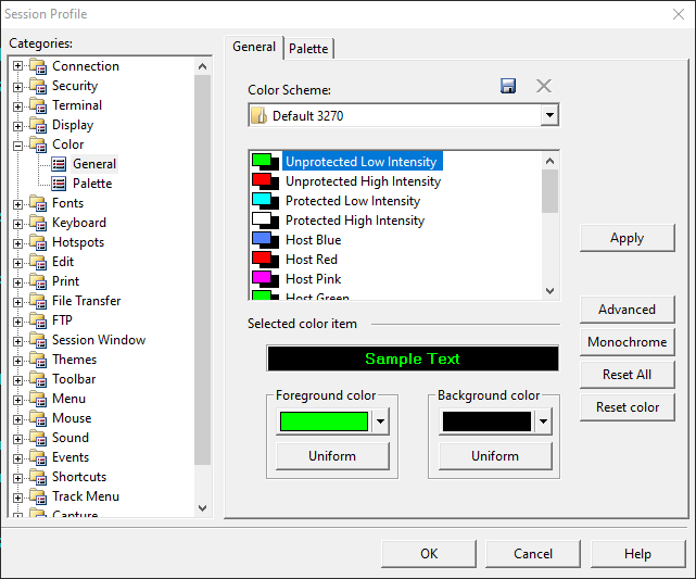 Screen capture of Session Profile window with Color options on the General tab