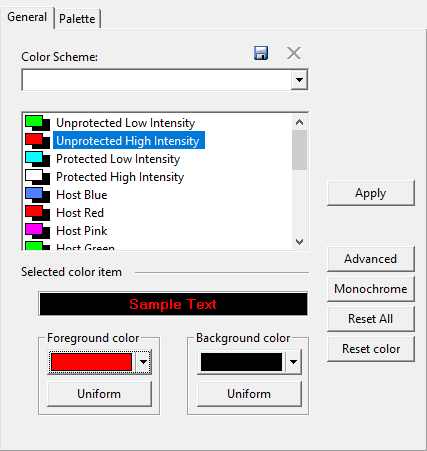 Screen capture of terminal color categories with Unprotected High Intensity category selected
