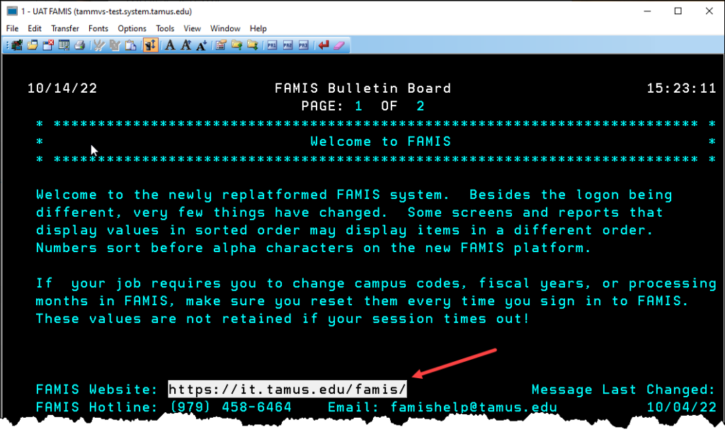 Screen shot of FAMIS bulletin board screen with active hotspot