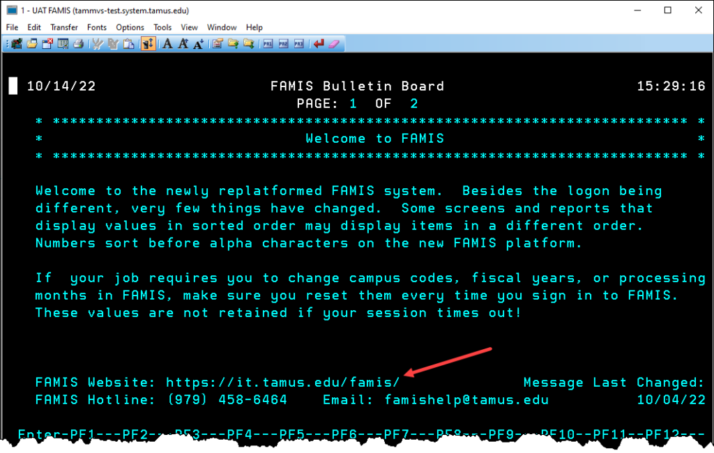Screen shot of FAMIS bulletin board screen with inactive hotspot