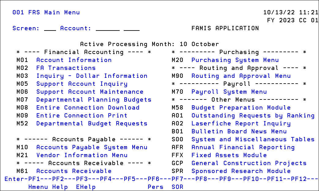 Screen capture of Screen 001 FRS main menu