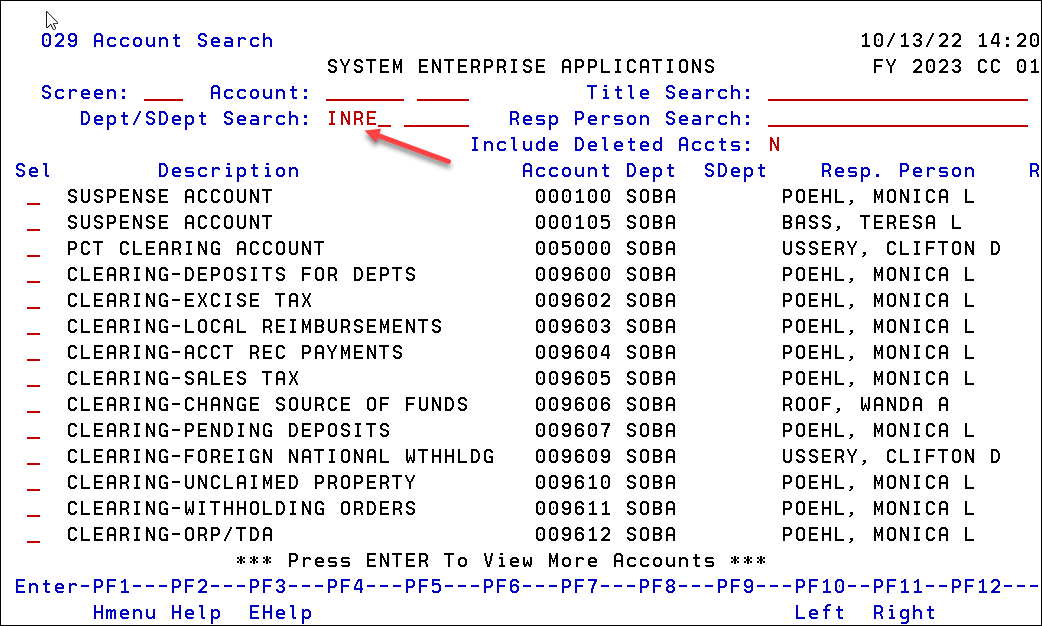 Screen capture of Screen 029 (Account Search) with department search field highlighted