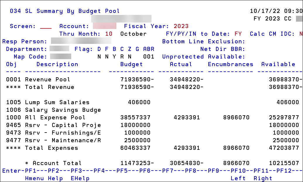 Screen capture of Screen 034 (SL Summary By Budget Pool) Panel 1