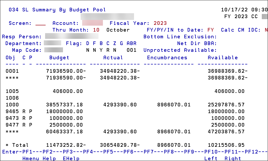 Screen capture of Screen 034 (SL Summary By Budget Pool) Panel 2