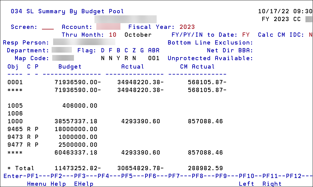 Screen capture of Screen 034 (SL Summary By Budget Pool) Panel 3