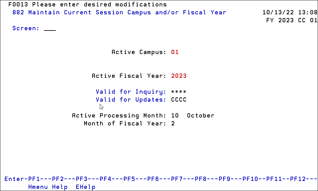 Screen shot of Screen 882 - maintain session current campus and/or fiscal year