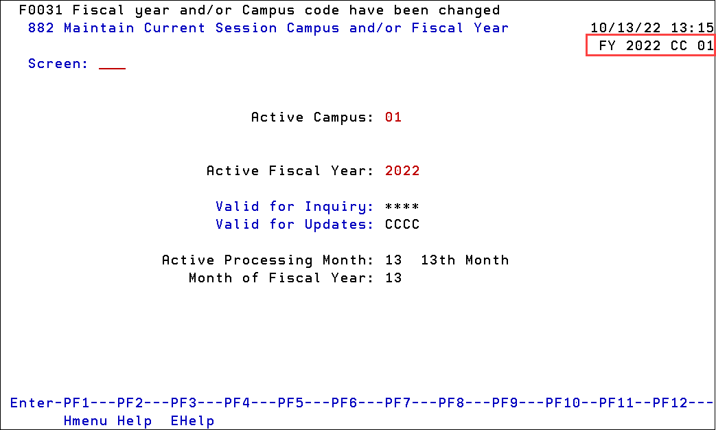 Screen shot of Screen 882 Maintain Current Session fiscal year change