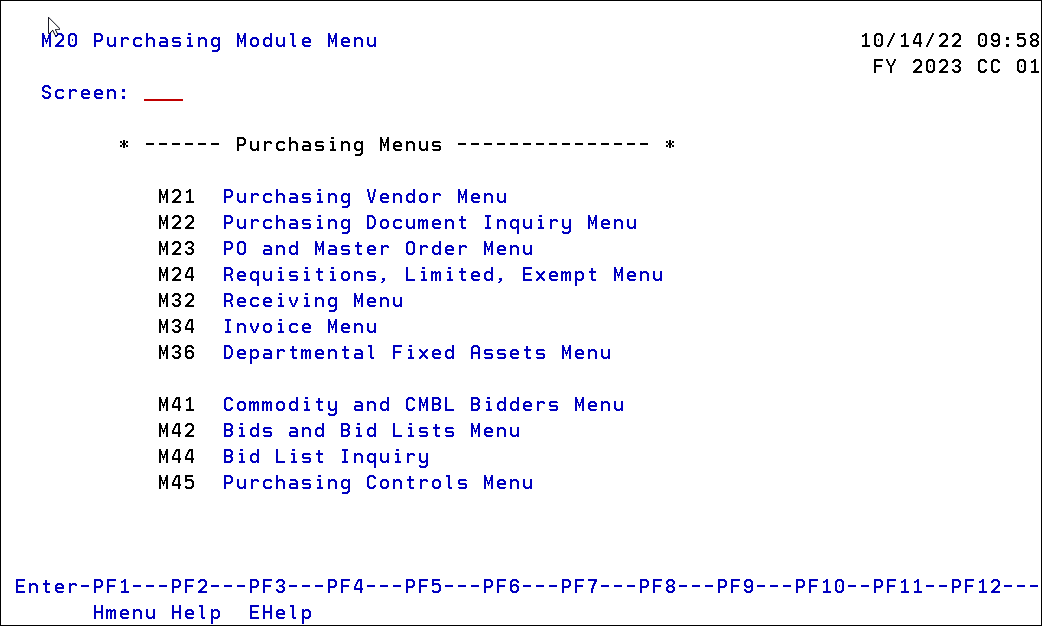 Screen shot of Menu Screen M20 (Purchasing Module Menu)