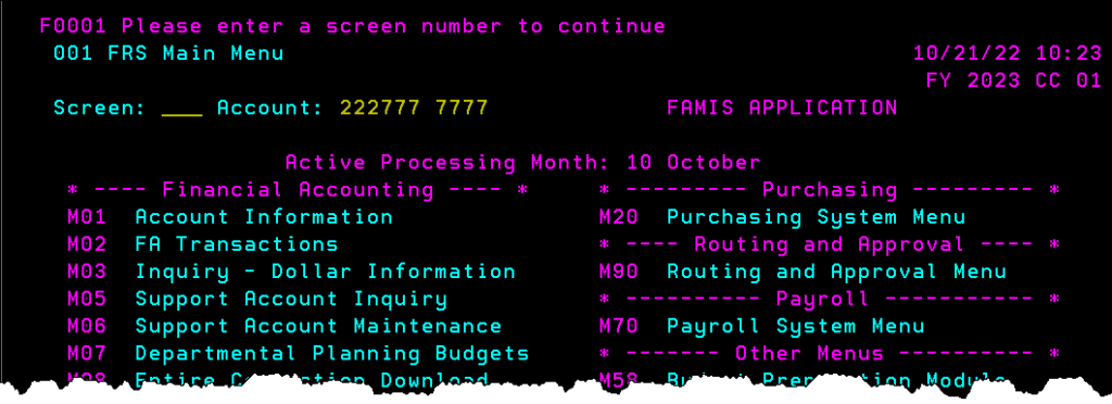 Screen capture of FAMIS main menu screen with alternate (Basic) color settings