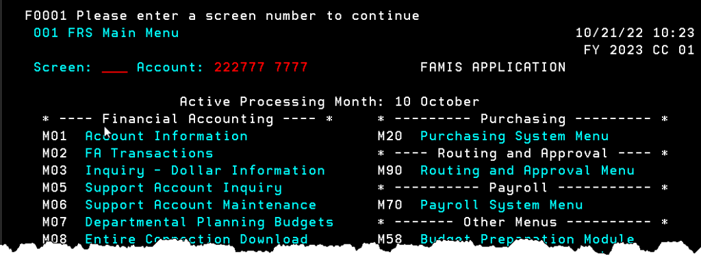 Screen capture of FAMIS main menu screen with default terminal colors
