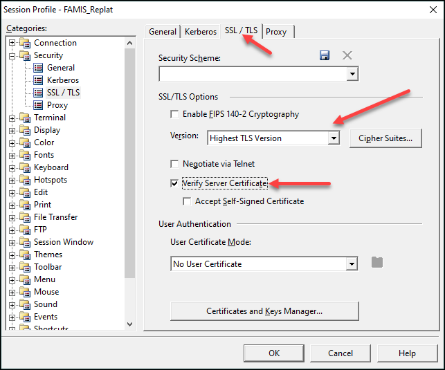 Screen capture of Session Profile window Security SSL / TSL tab with version and Verify Server Certificate options highlighted
