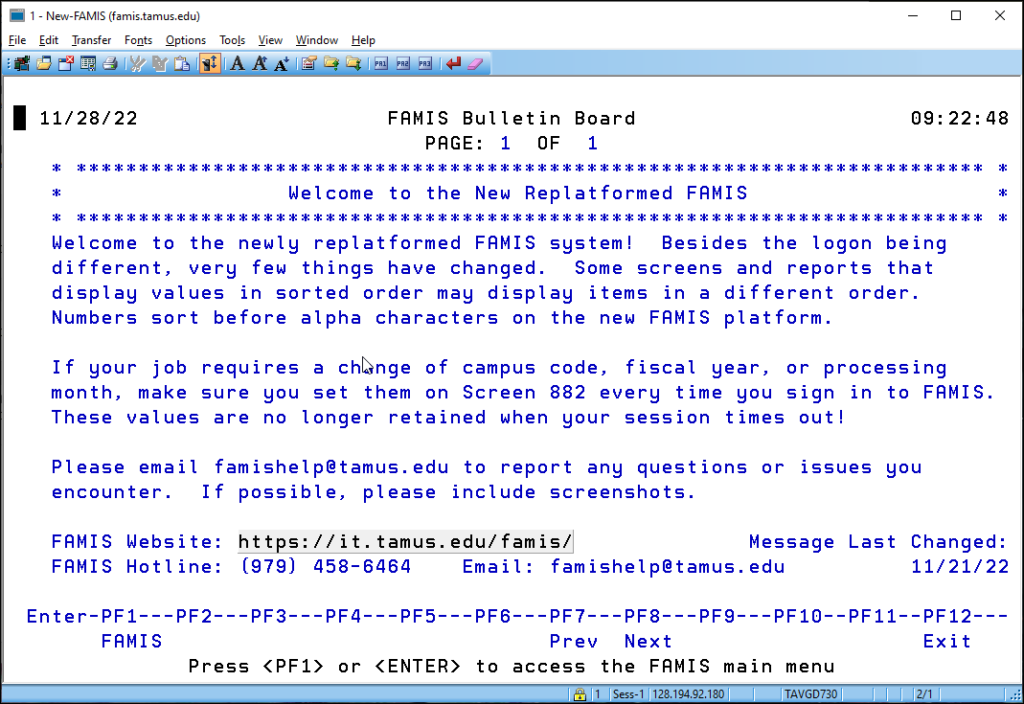 Screen capture of FAMIS Bulletin Board screen